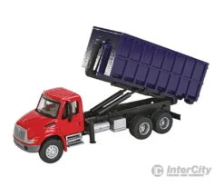 Walthers SceneMaster 11630 International(R) 4300 Dual-Axle Dumpster Carrier Truck - Assembled -- Red Cab, Blue Dumpster